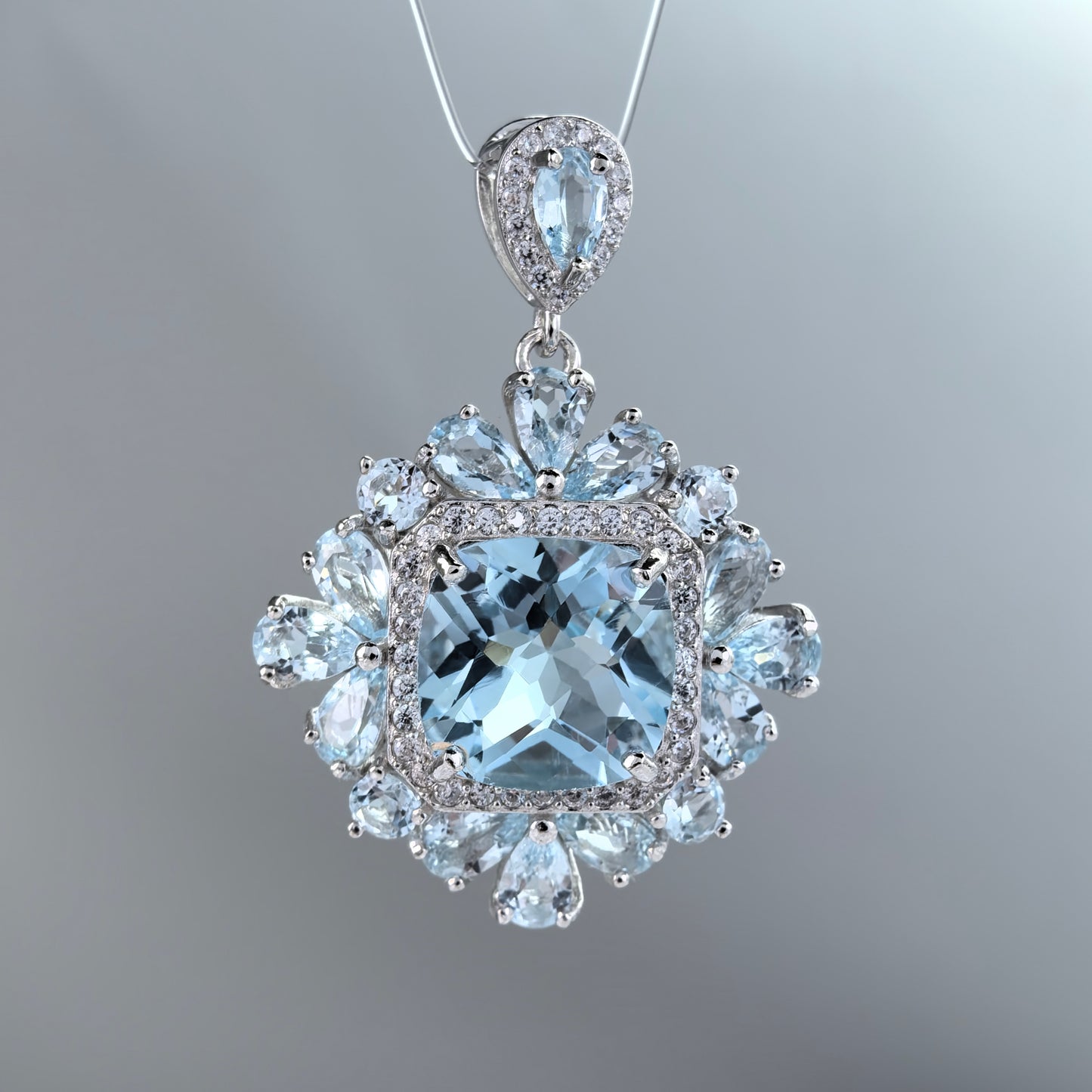 Sparkling Rhodium Plated Silver 925 Jewelry Natural Sky Blue Topaz Pendant