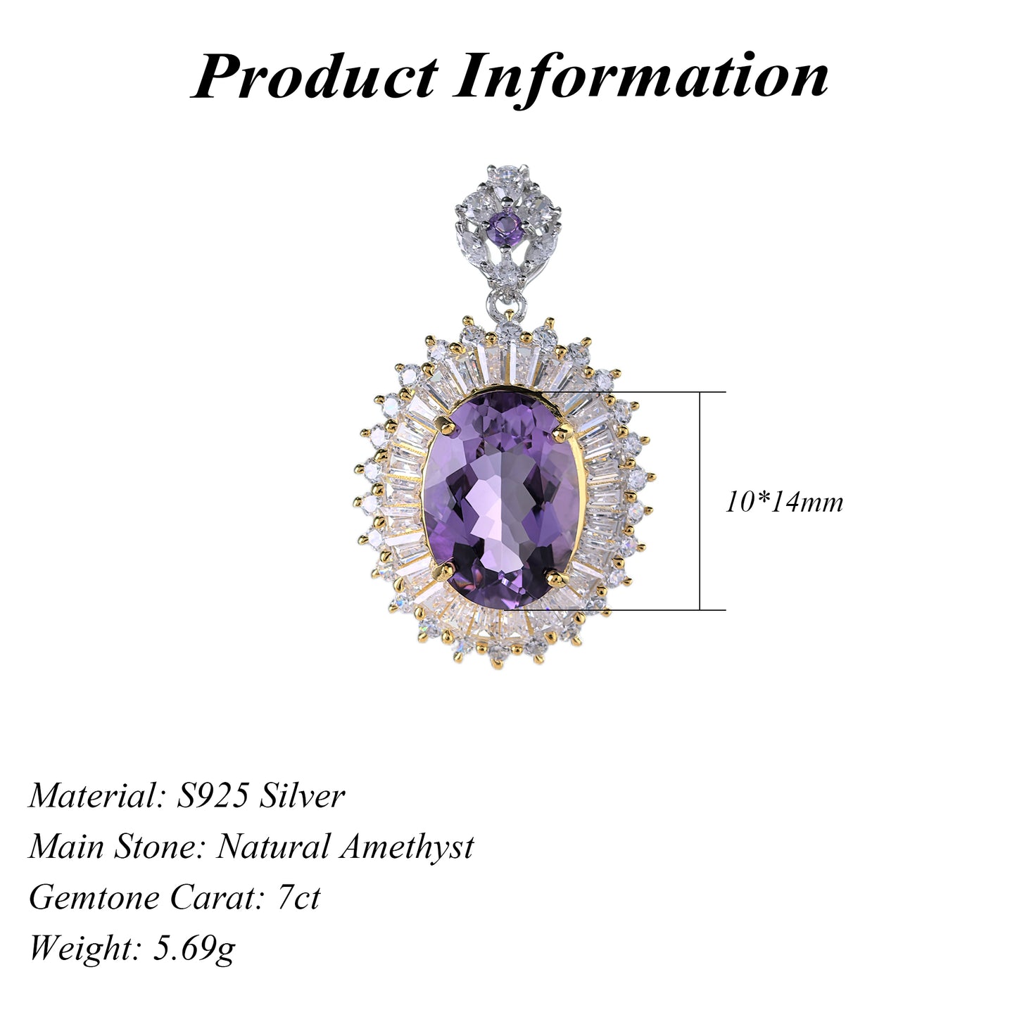 Sparkling Rhodium and Gold Plated 925 Sterling Silver Natural Amethyst Pendant