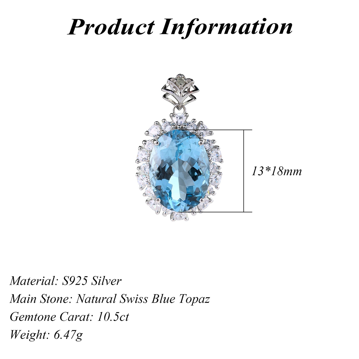 Dazzling Rhodium Plated 925 Sterling Silver for Swiss Blue Topaz Pendant