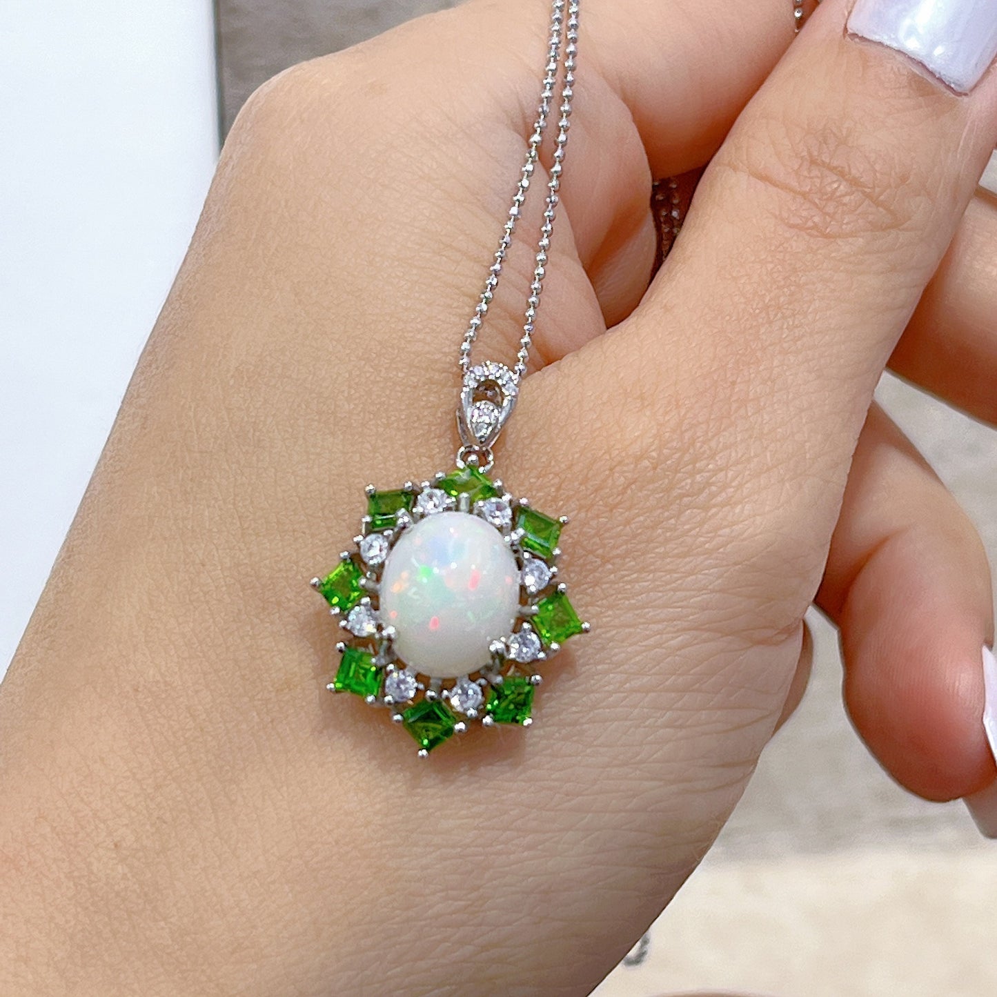 Exquisite Rhodium Plated Silver 925 Natural Opal Flower Pendant