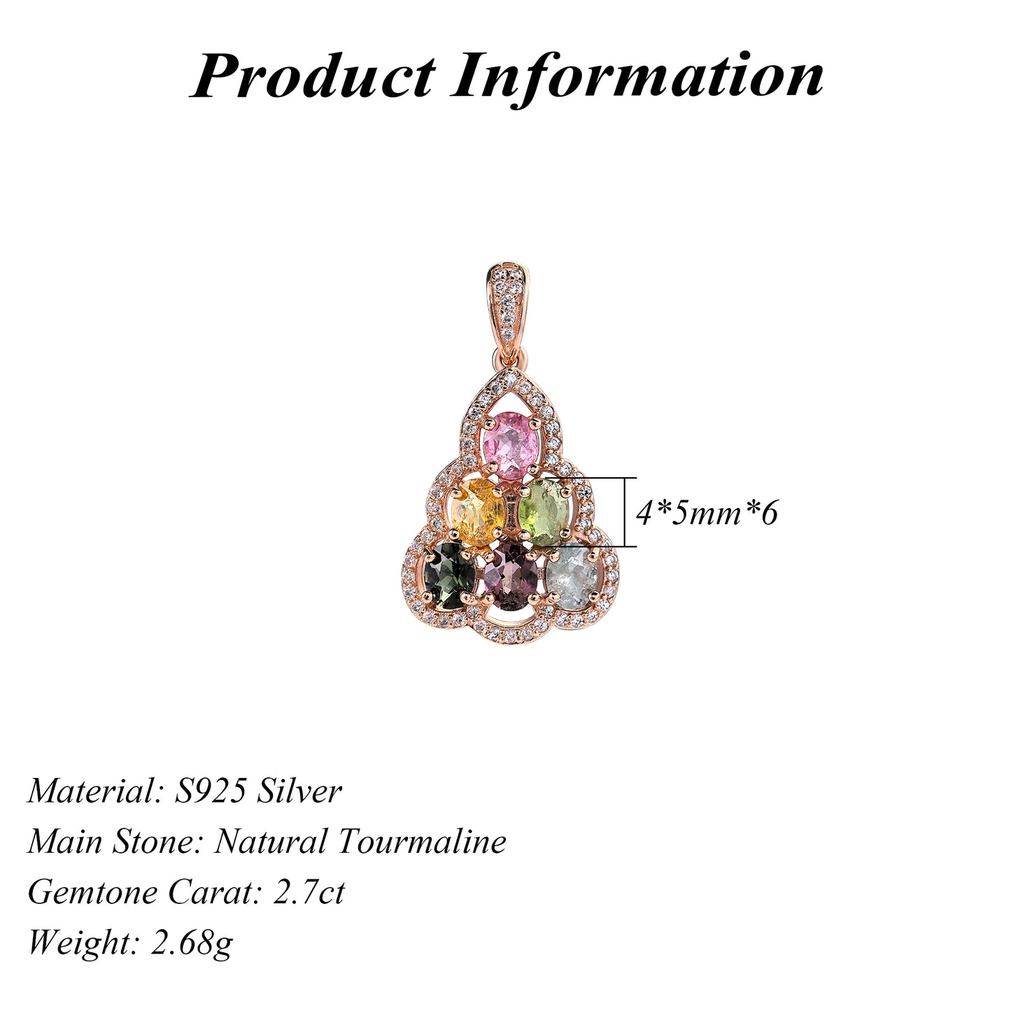 925 Sterling Silver Natural Tourmaline Pendant Gorgeous Rose Gold Plated