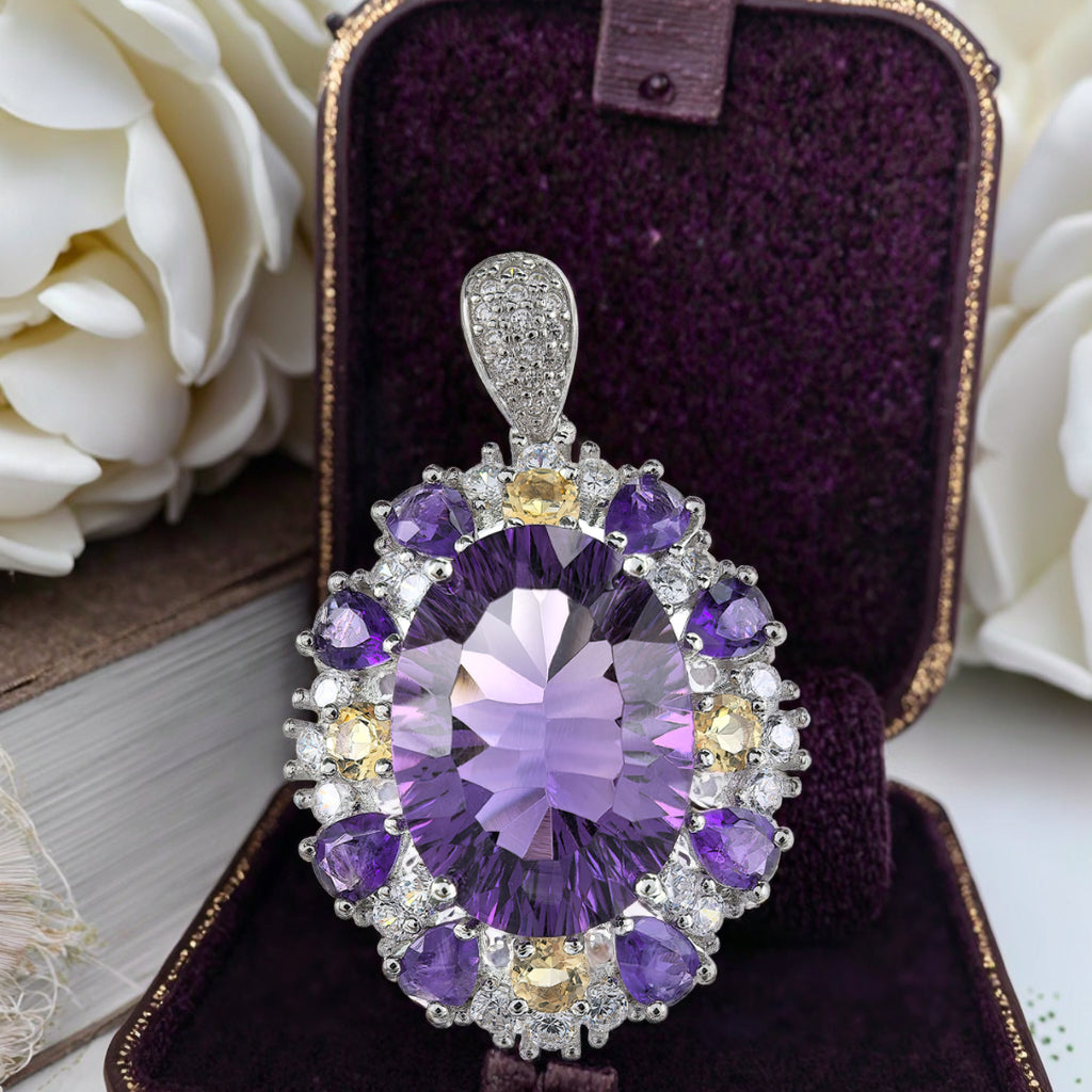 Sparkling Rhodium Plated Silver 925 Jewelry Natural Amethyst Pendant