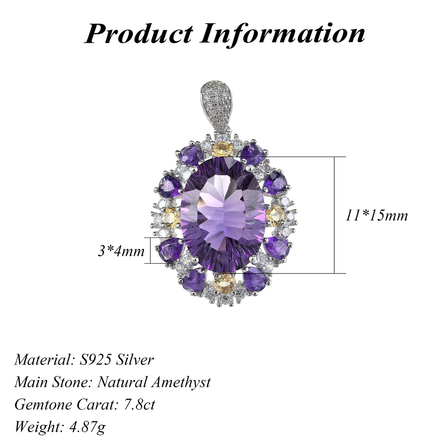 Sparkling Rhodium Plated Silver 925 Jewelry Natural Amethyst Pendant