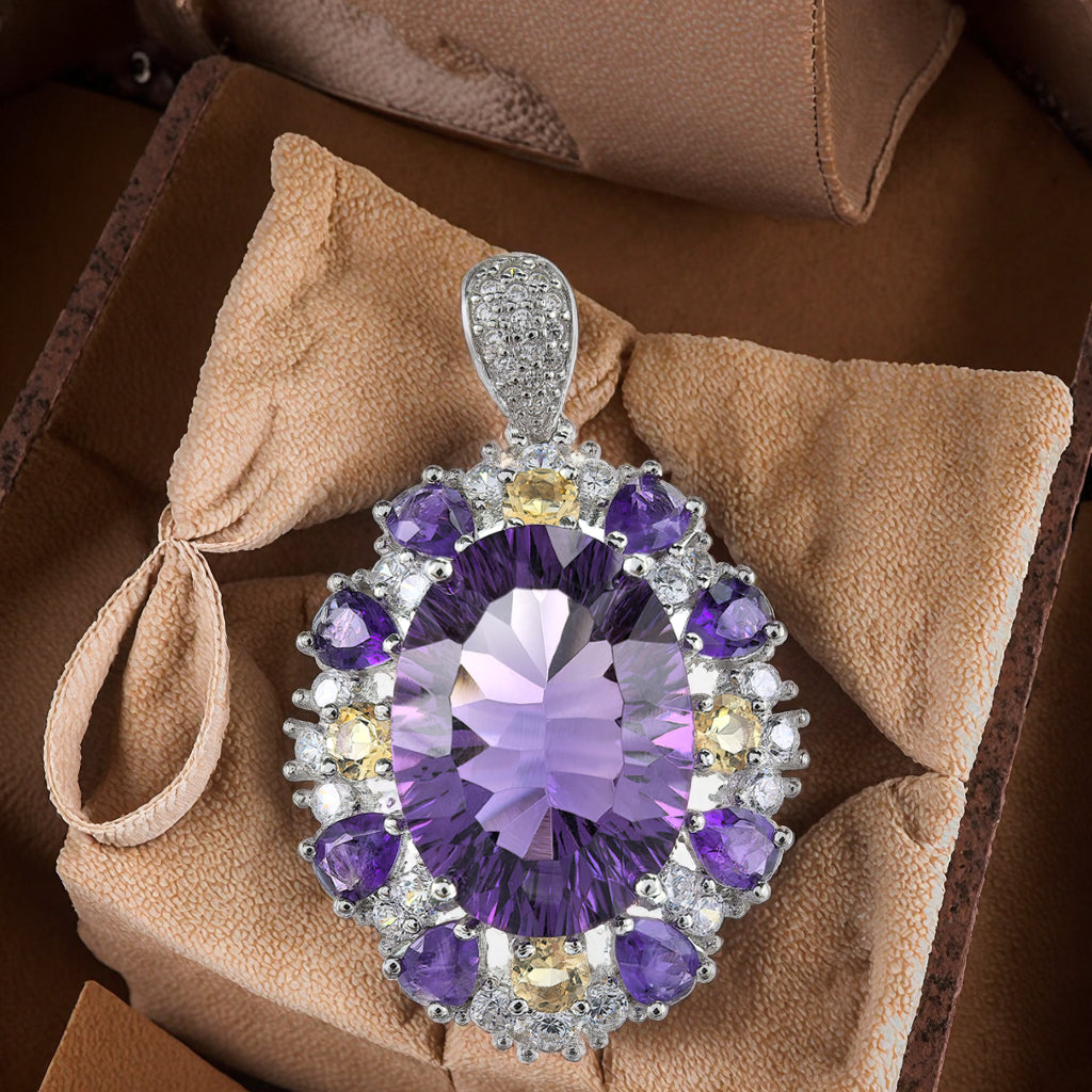Sparkling Rhodium Plated Silver 925 Jewelry Natural Amethyst Pendant