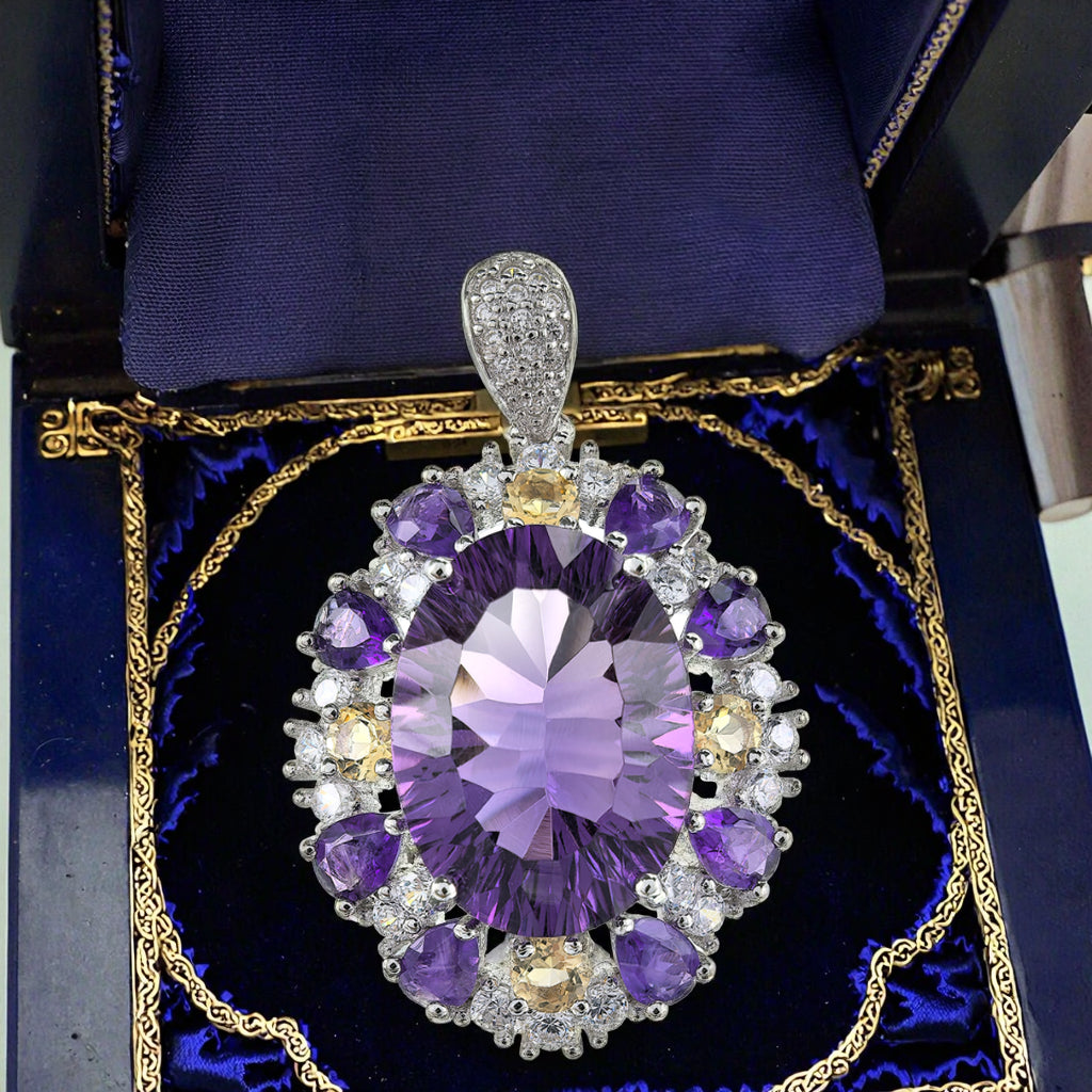 Sparkling Rhodium Plated Silver 925 Jewelry Natural Amethyst Pendant