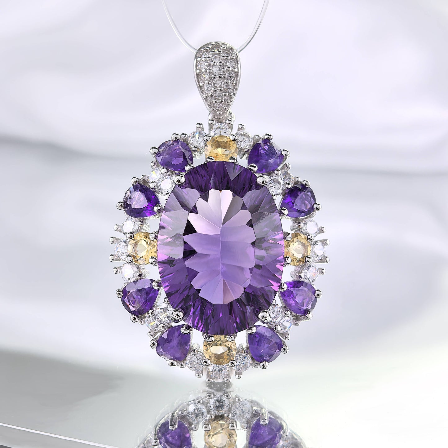 Sparkling Rhodium Plated Silver 925 Jewelry Natural Amethyst Pendant