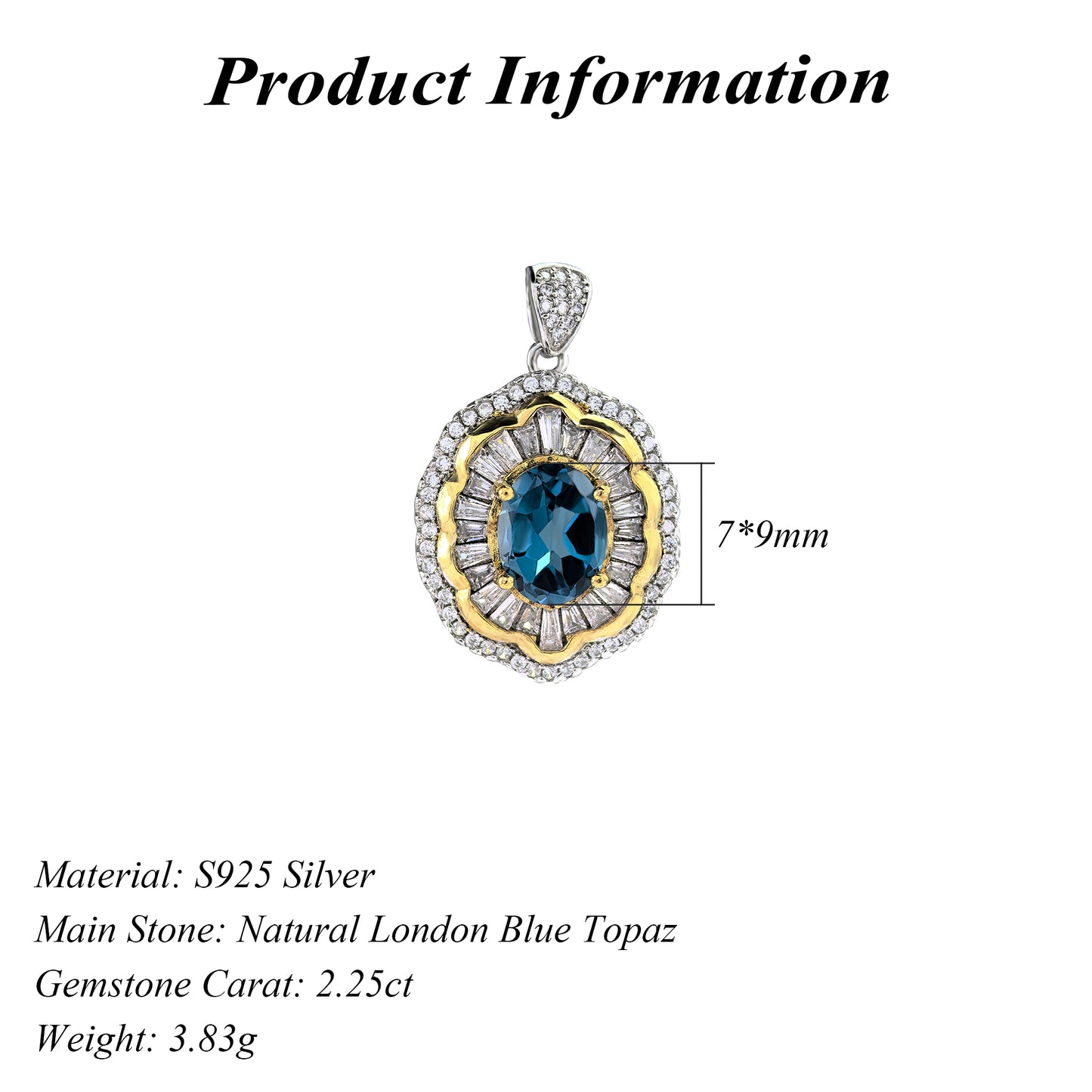 Dazzling Dual Color Plated 925 Sterling Silver Natural London Blue Topaz Pendant
