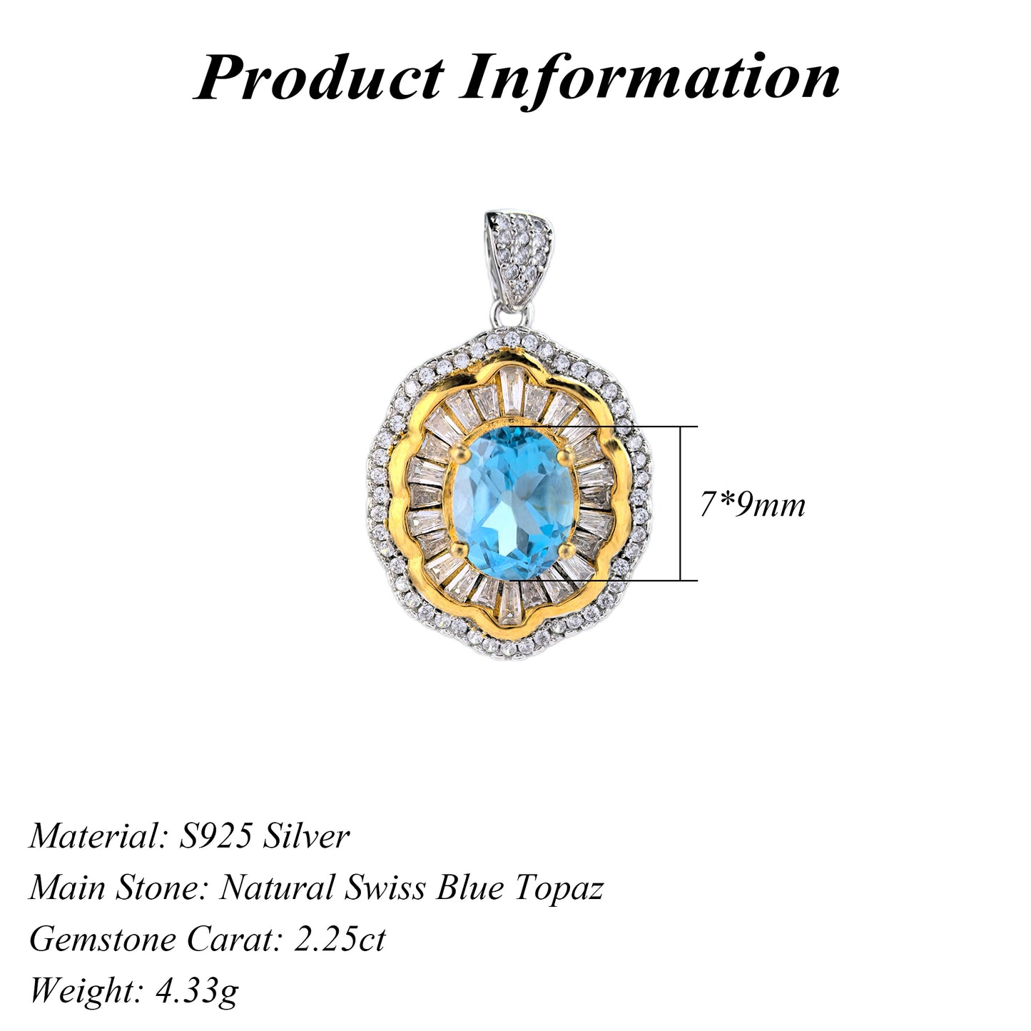 Sparkling Dual Color Plated 925 Sterling Silver Natural Swiss Blue Topaz Pendant