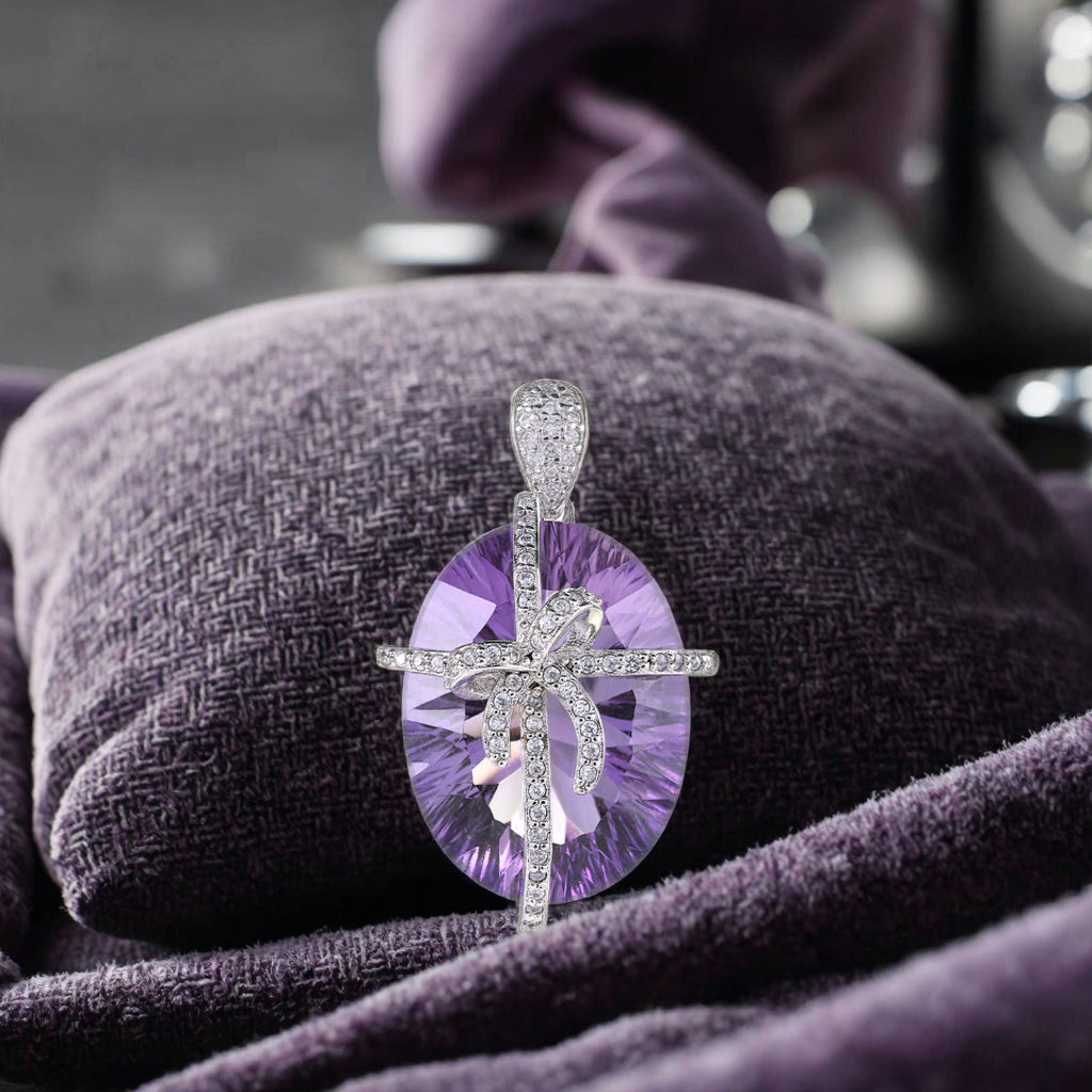 Delicate Rhodium Plated 925 Sterling Silver Natural Amethyst Bow Pendant