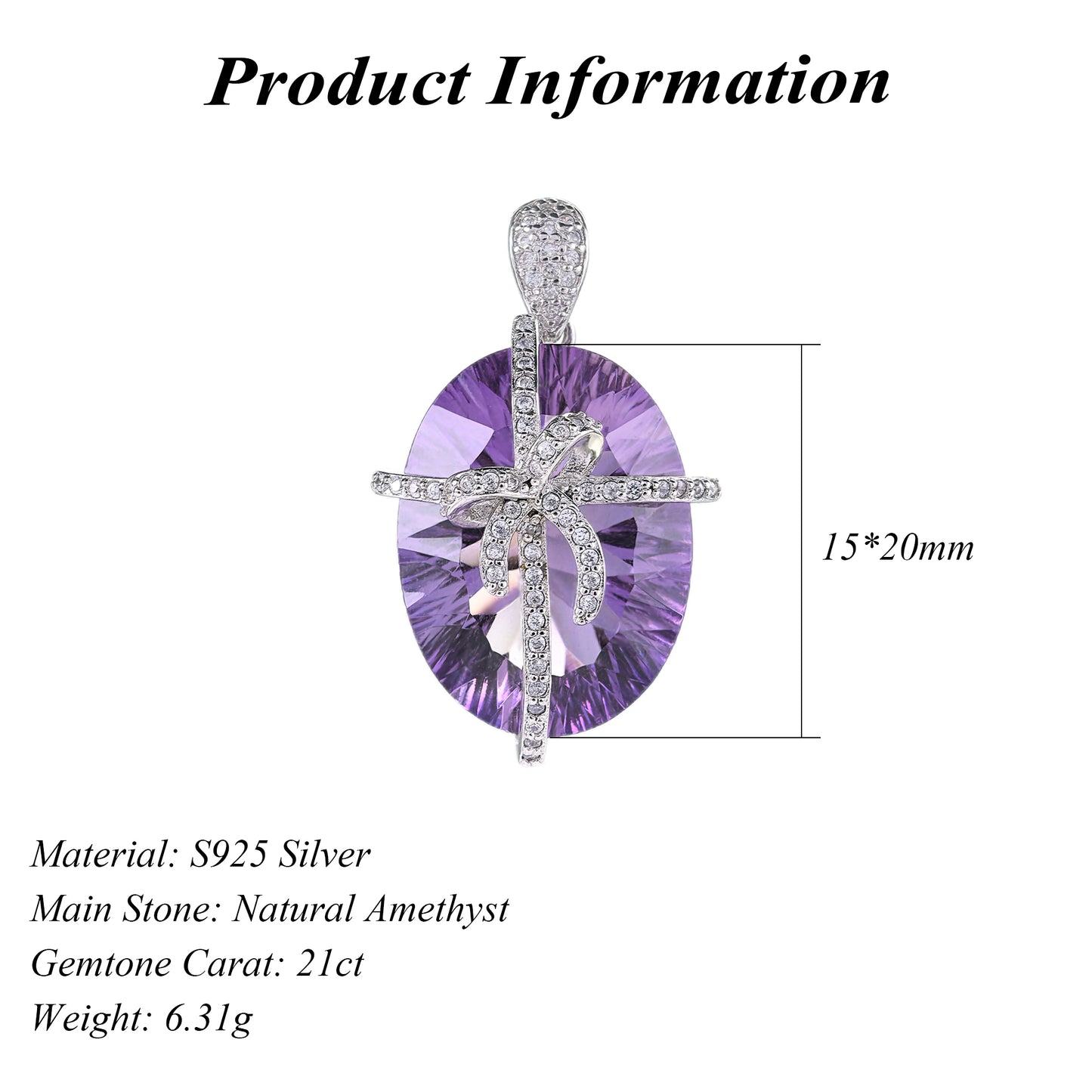 Delicate Rhodium Plated 925 Sterling Silver Natural Amethyst Bow Pendant