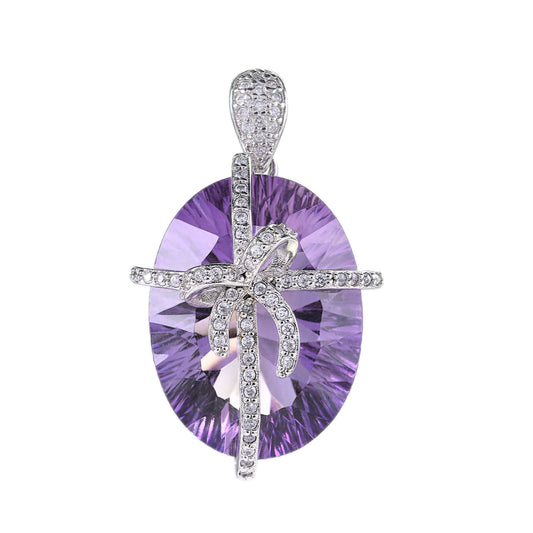 Delicate Rhodium Plated 925 Sterling Silver Natural Amethyst Bow Pendant