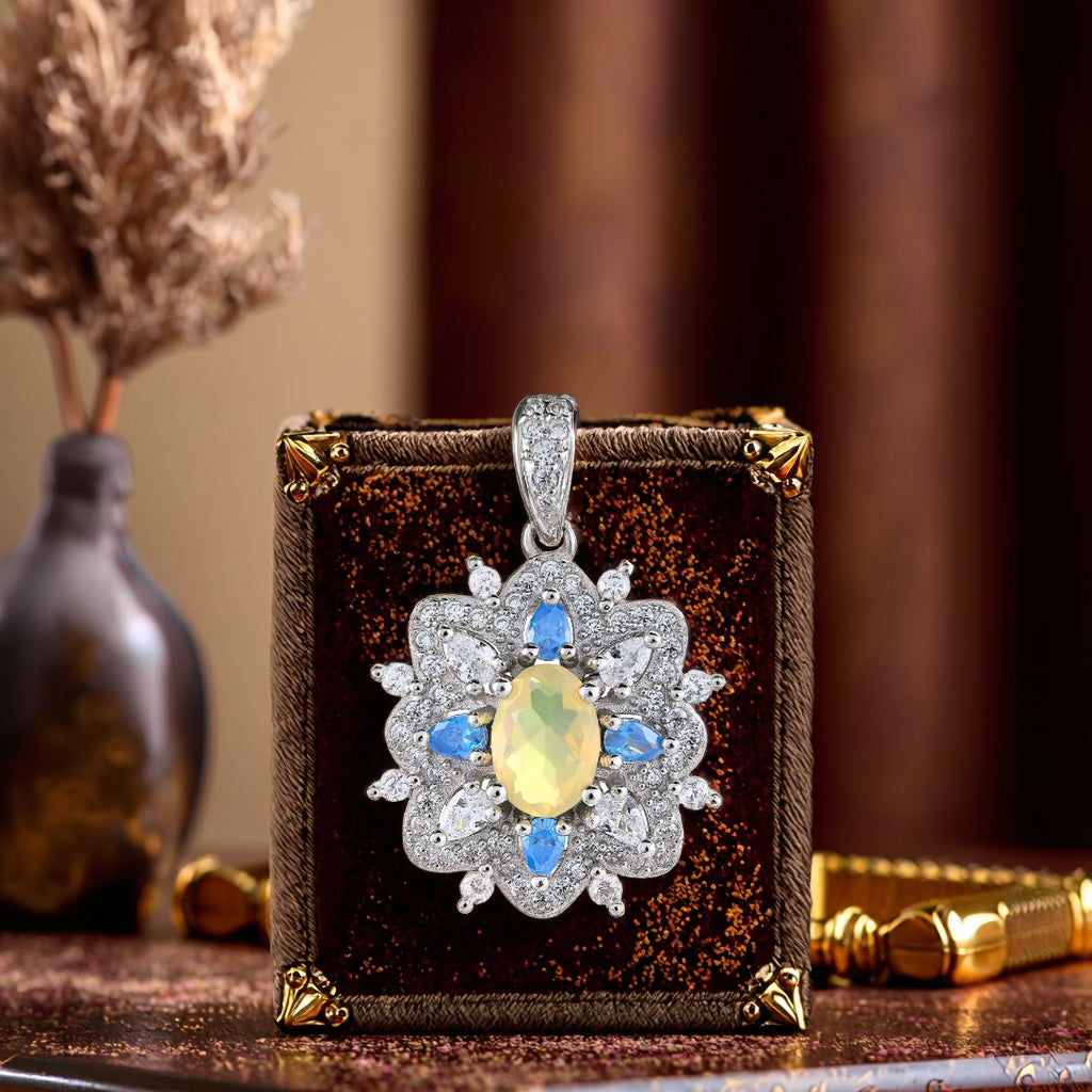 Trendy 925 Silver Rhodium Plated Natural Opal Pendant