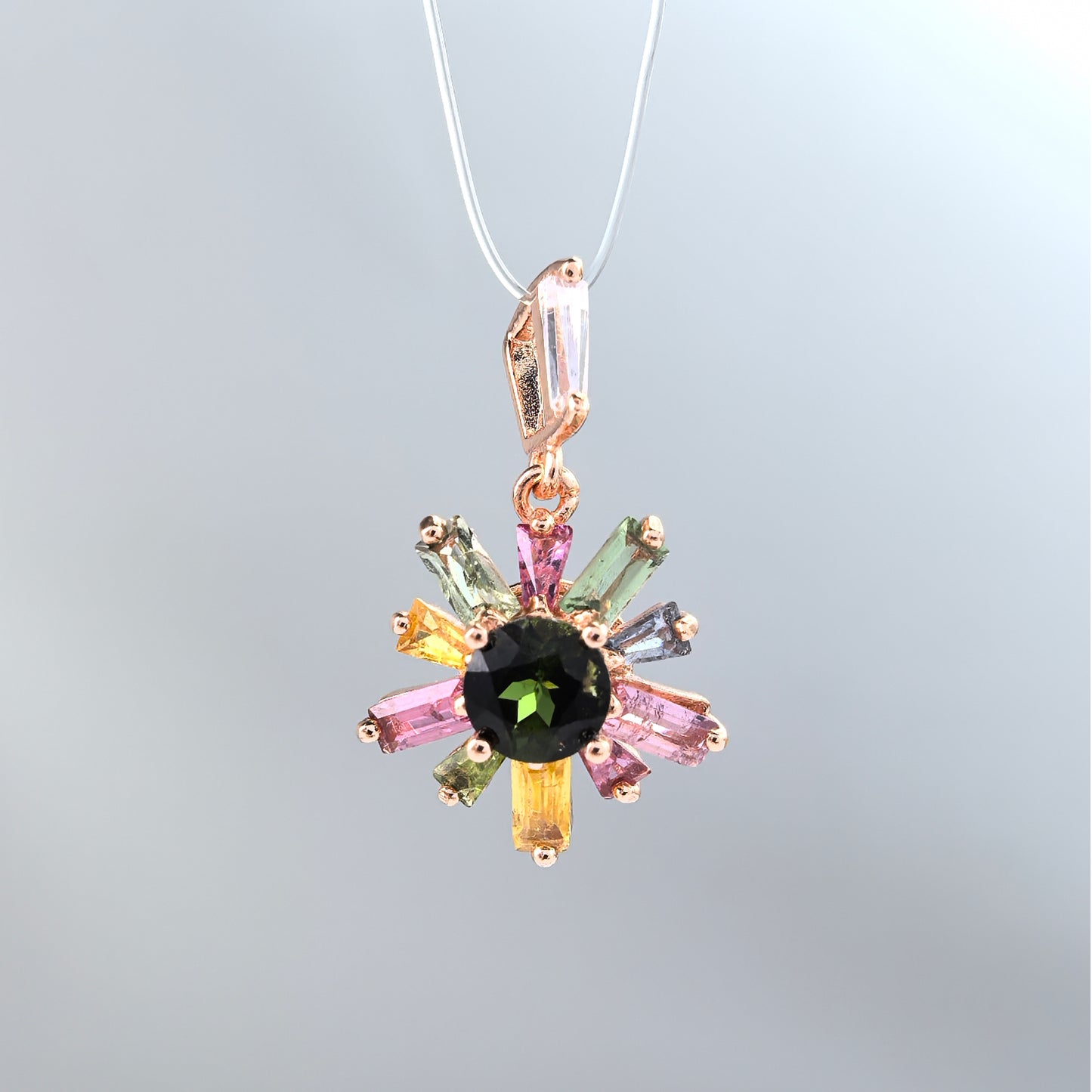 Graceful Rose Gold Plated Silver 925 Pendant Natural Tourmaline Charm