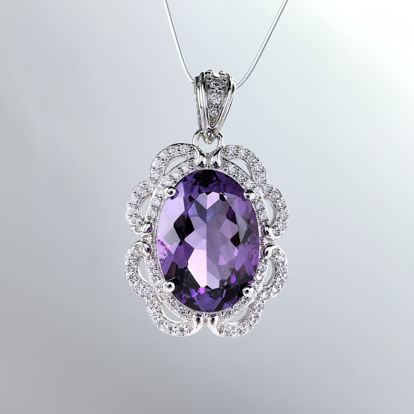 Graceful Rhodium Plated 925 Silver Natural Amethyst Pendant