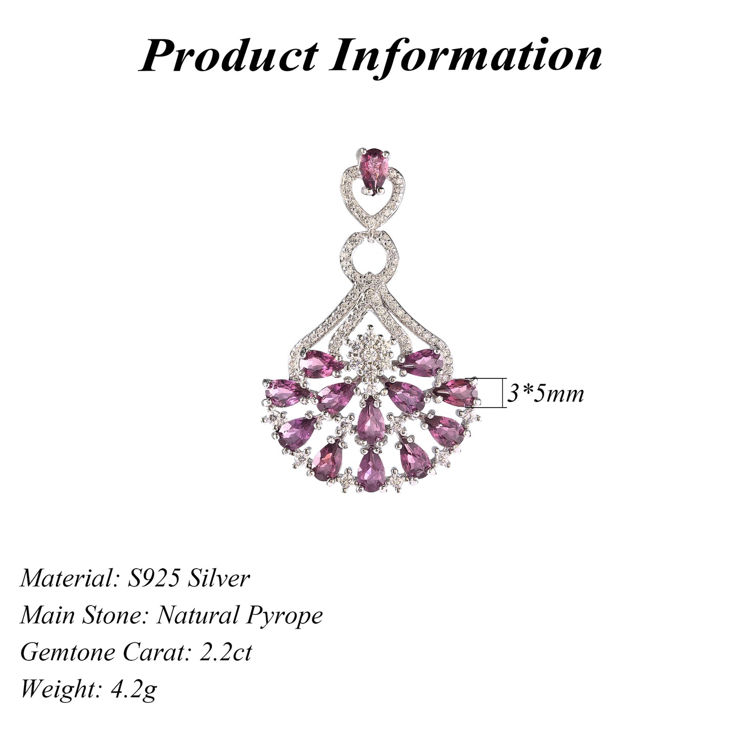 Graceful Rhodium Plated Silver Pendant 925 Sterling Natural Pyrope