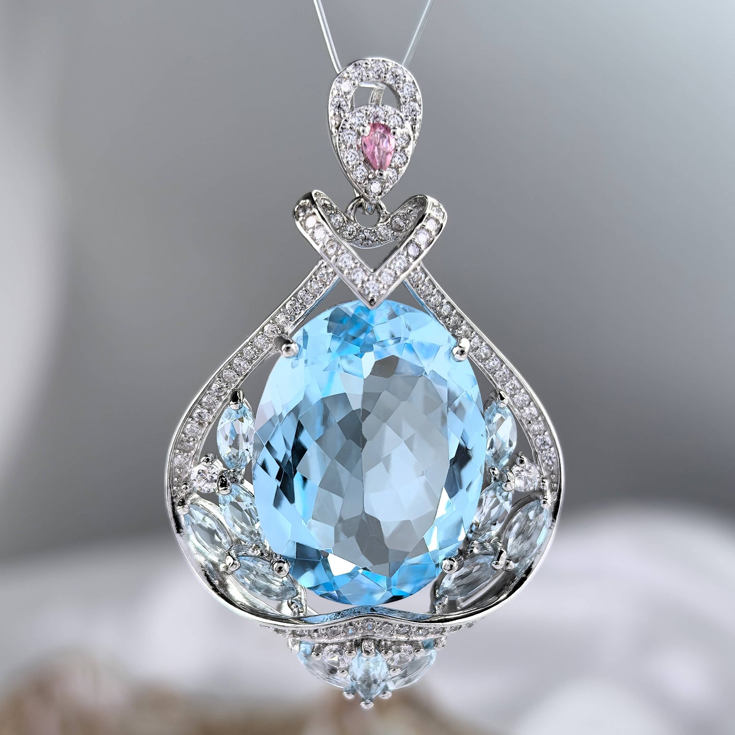 Rhodium Plated Silver 925 Natural Swiss Blue Topaz/Lavender/Fluorite Amethyst Pendant