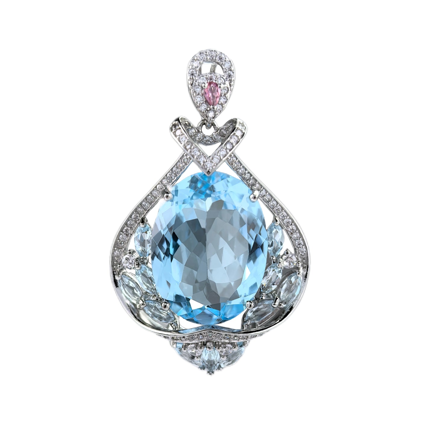 Rhodium Plated Silver 925 Natural Swiss Blue Topaz/Lavender/Fluorite Amethyst Pendant