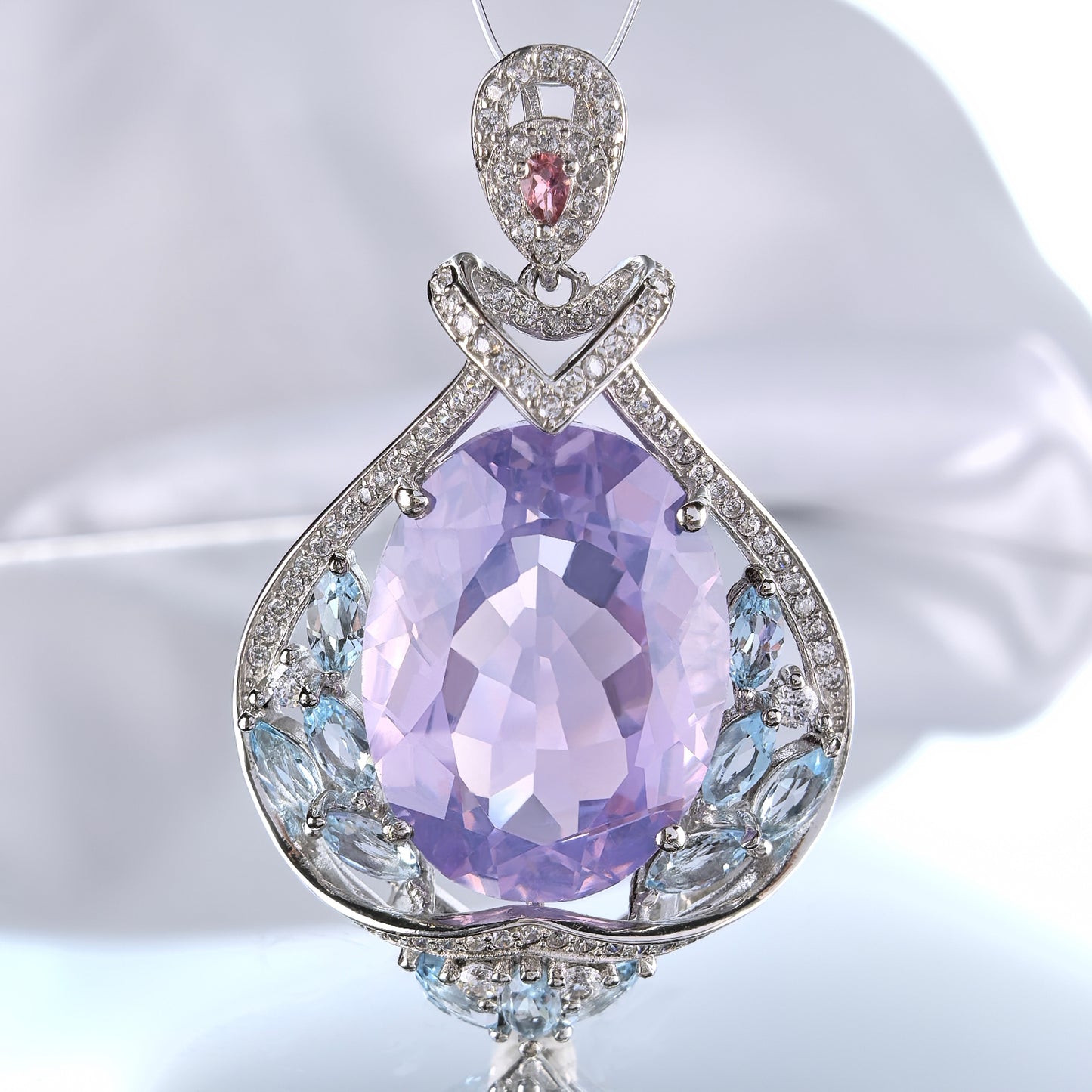 Rhodium Plated Silver 925 Natural Swiss Blue Topaz/Lavender/Fluorite Amethyst Pendant