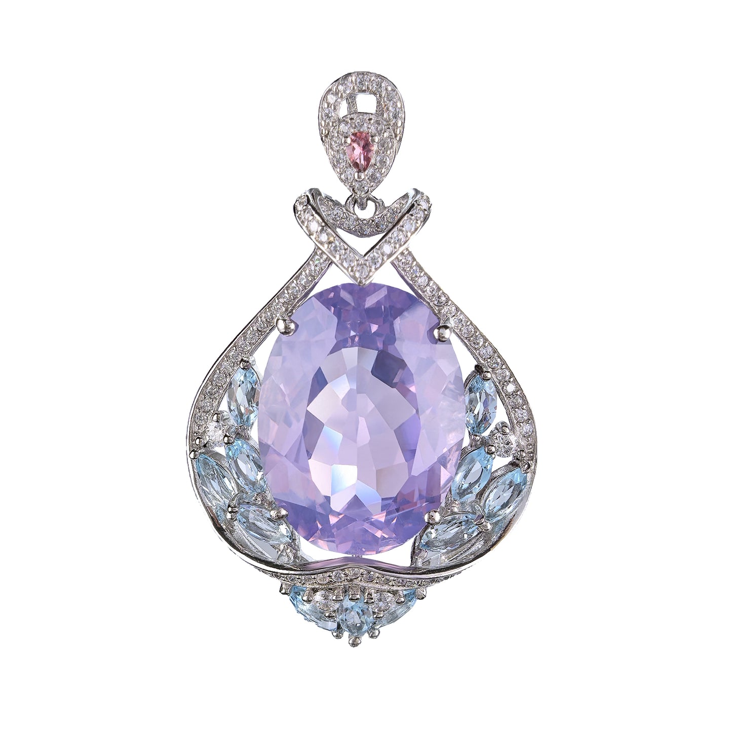 Rhodium Plated Silver 925 Natural Swiss Blue Topaz/Lavender/Fluorite Amethyst Pendant