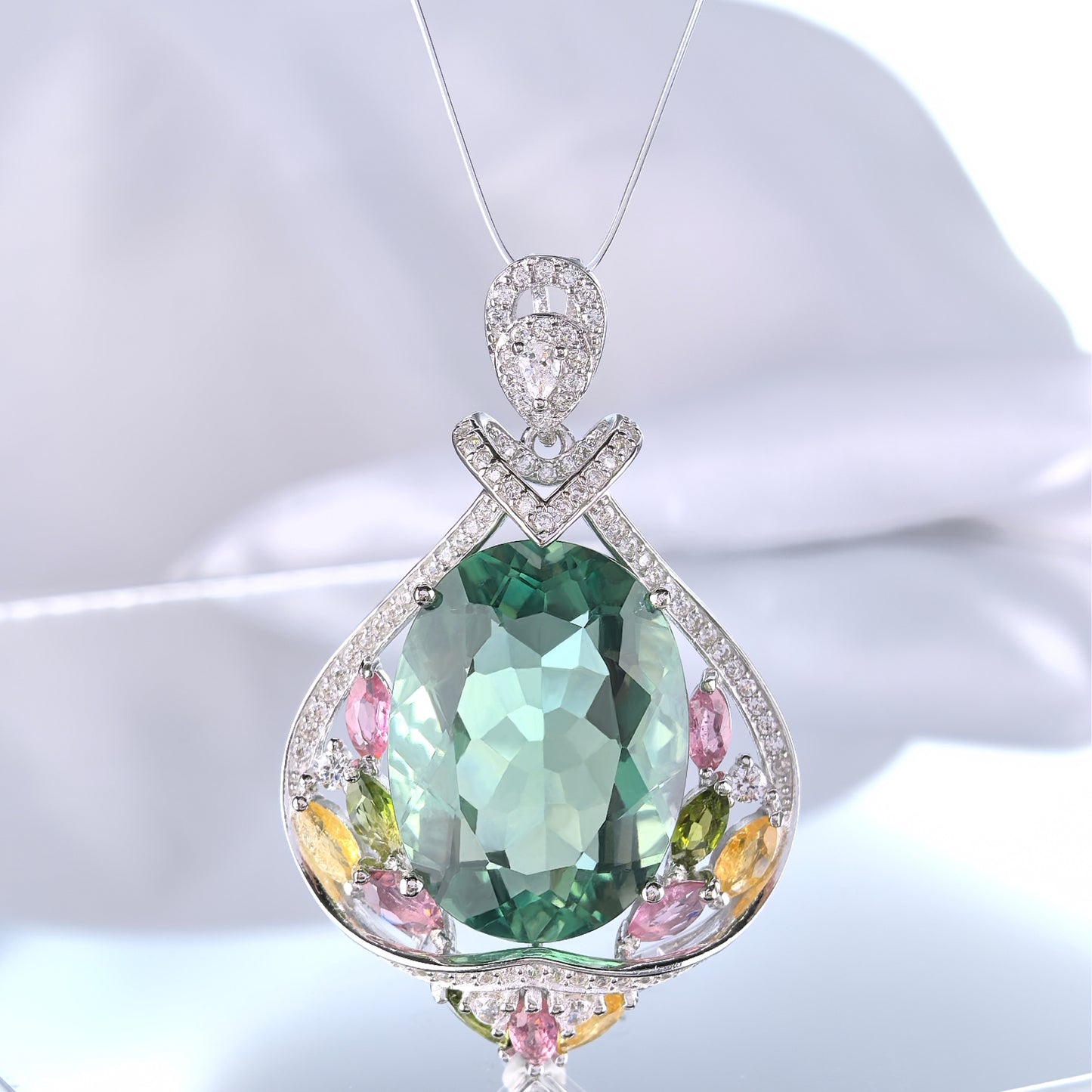 Rhodium Plated Silver 925 Natural Swiss Blue Topaz/Lavender/Fluorite Amethyst Pendant