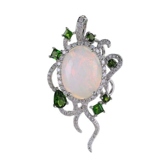 Luxurious Rhodium Plated Puro 925 Prata Natural Opal Stone Pendant