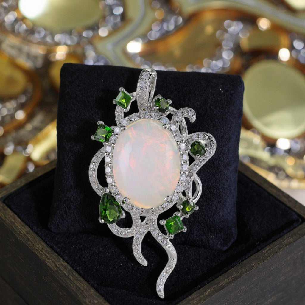 Luxurious Rhodium Plated Puro 925 Prata Natural Opal Stone Pendant