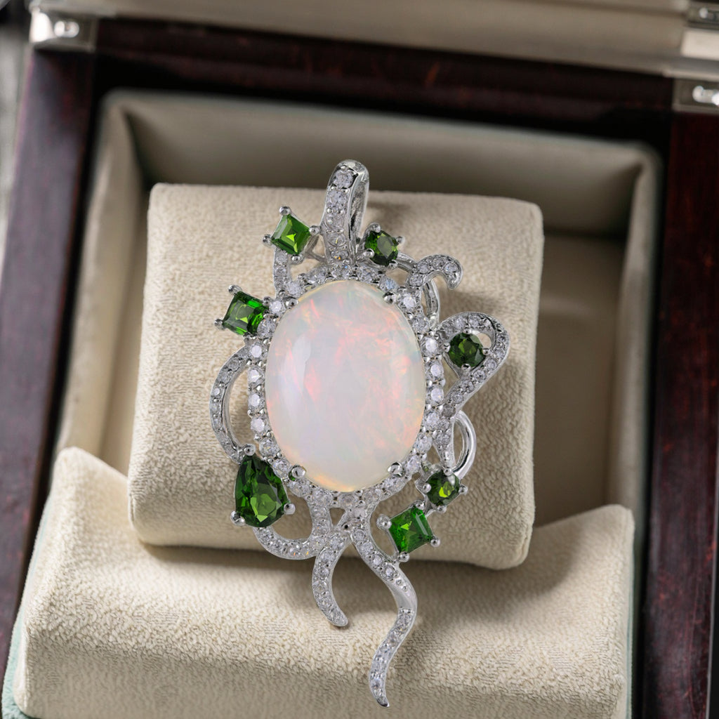 Luxurious Rhodium Plated Puro 925 Prata Natural Opal Stone Pendant