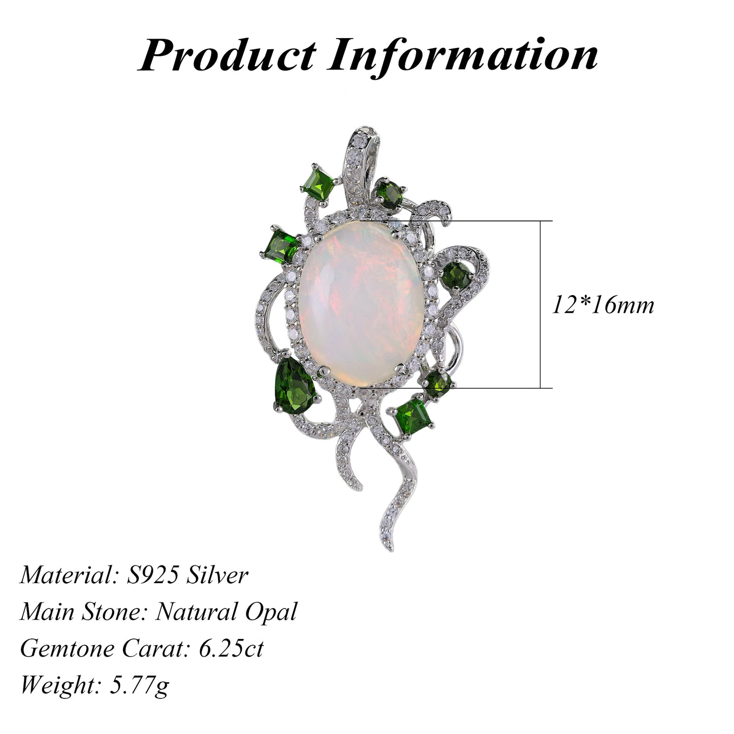 Luxurious Rhodium Plated Puro 925 Prata Natural Opal Stone Pendant