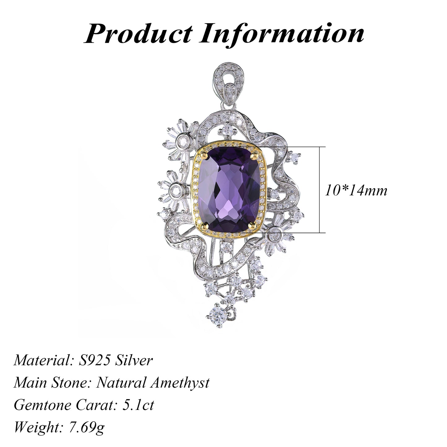 925 Sterling Silver Pendant Rhodium Plated Cushion Cut Natural Amethyst