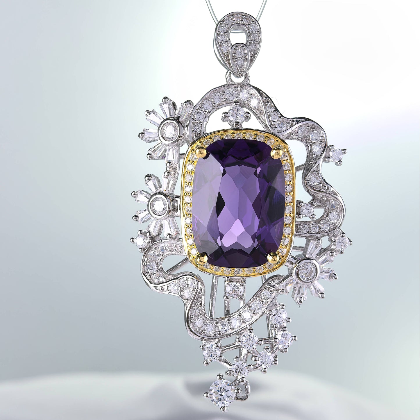 925 Sterling Silver Pendant Rhodium Plated Cushion Cut Natural Amethyst