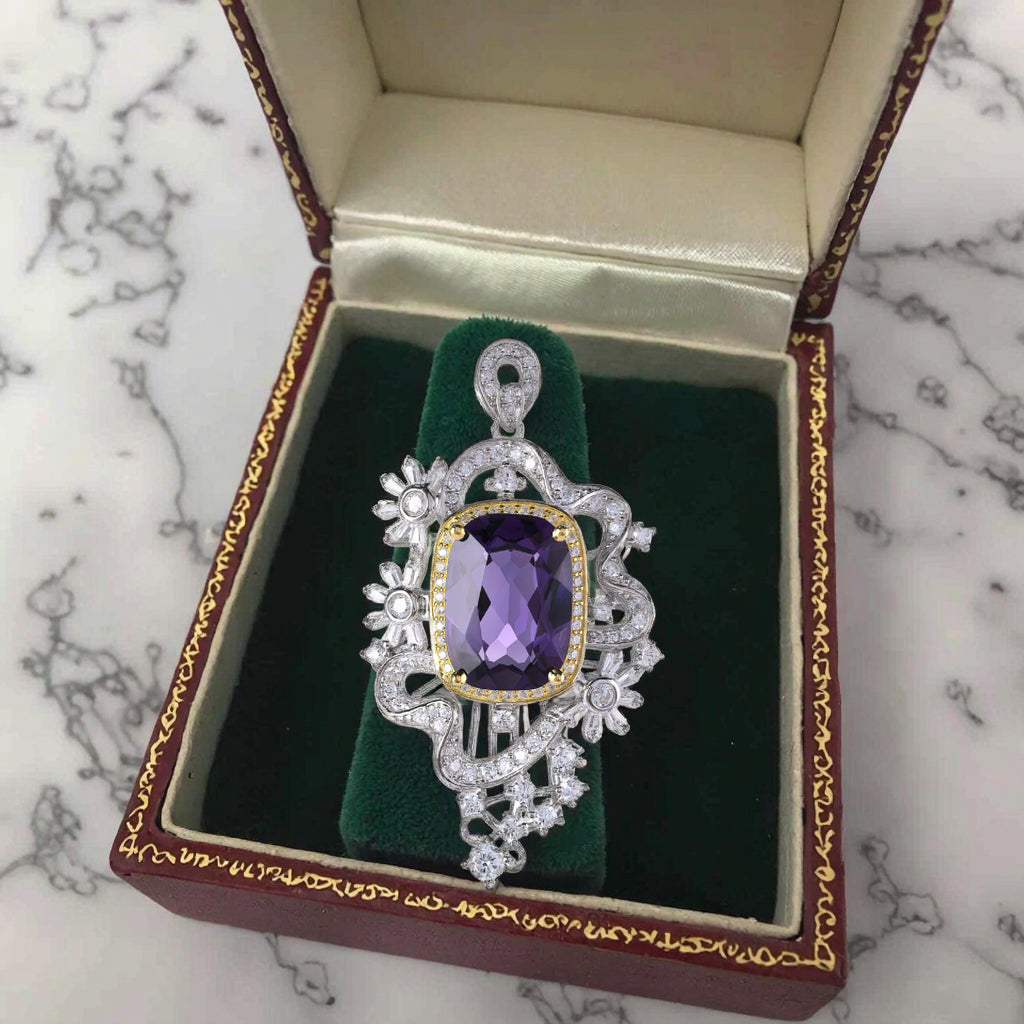 925 Sterling Silver Pendant Rhodium Plated Cushion Cut Natural Amethyst
