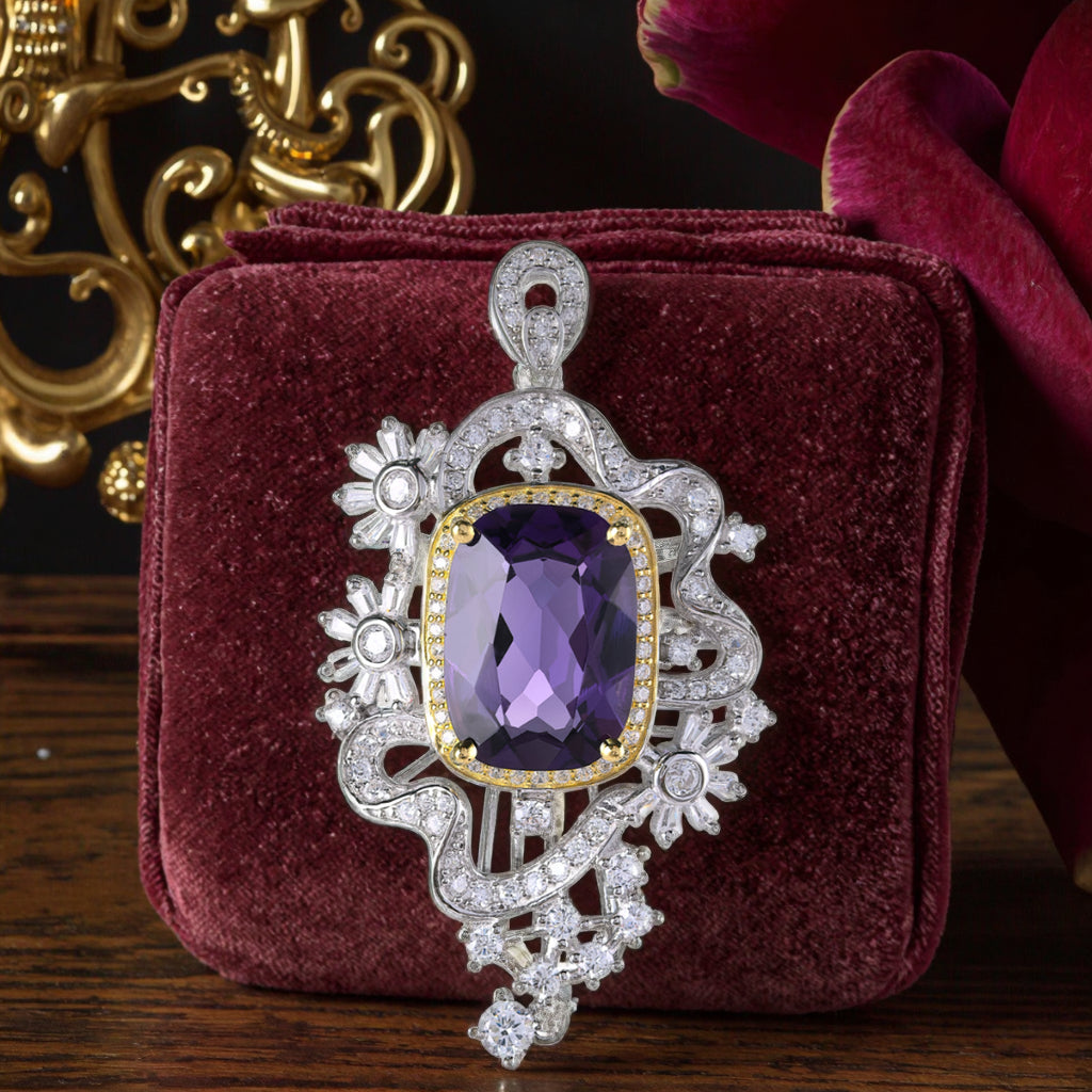 925 Sterling Silver Pendant Rhodium Plated Cushion Cut Natural Amethyst