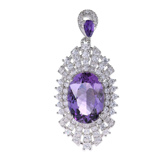 925 Silver Natural Amethyst Pendant for Women Unique Vintage Style Rhodium Plated Charm Pendant for Party Wear