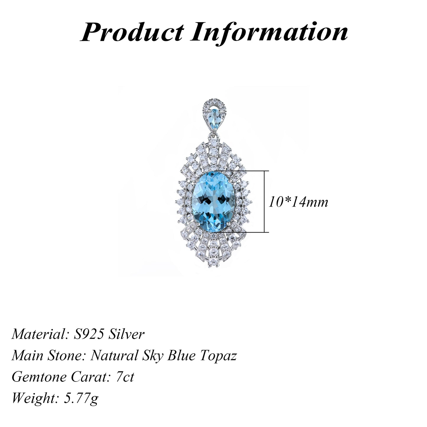 Radiant Rhodium Plated 925 Sterling Silver Natural Sky Blue Topaz Pendant