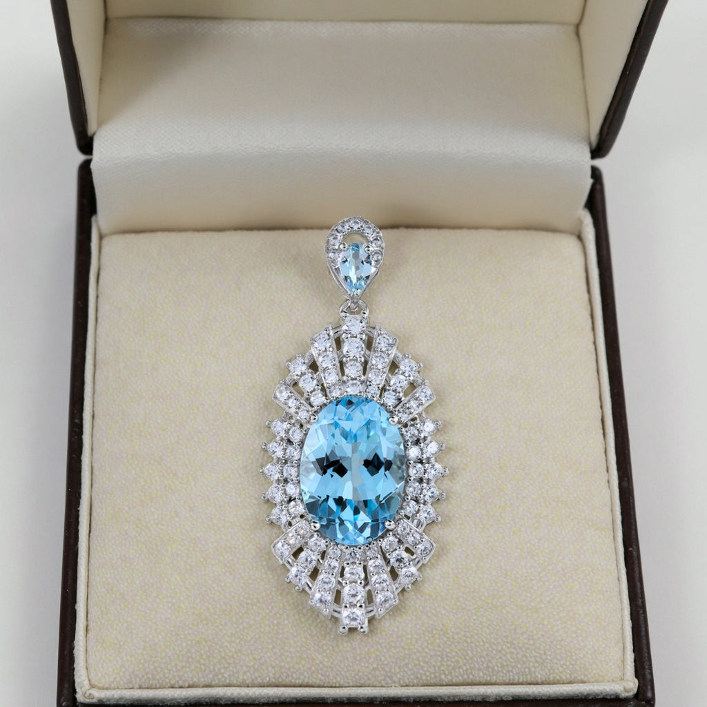 Radiant Rhodium Plated 925 Sterling Silver Natural Sky Blue Topaz Pendant
