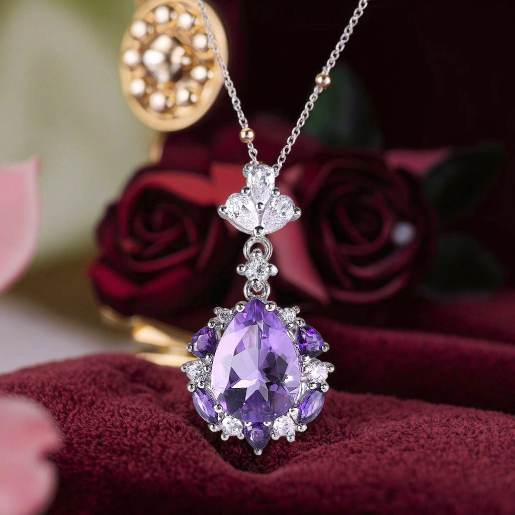 Elegant Rhodium Plated 925 Sterling Silver Pear Cut Natural Amethyst Pendant