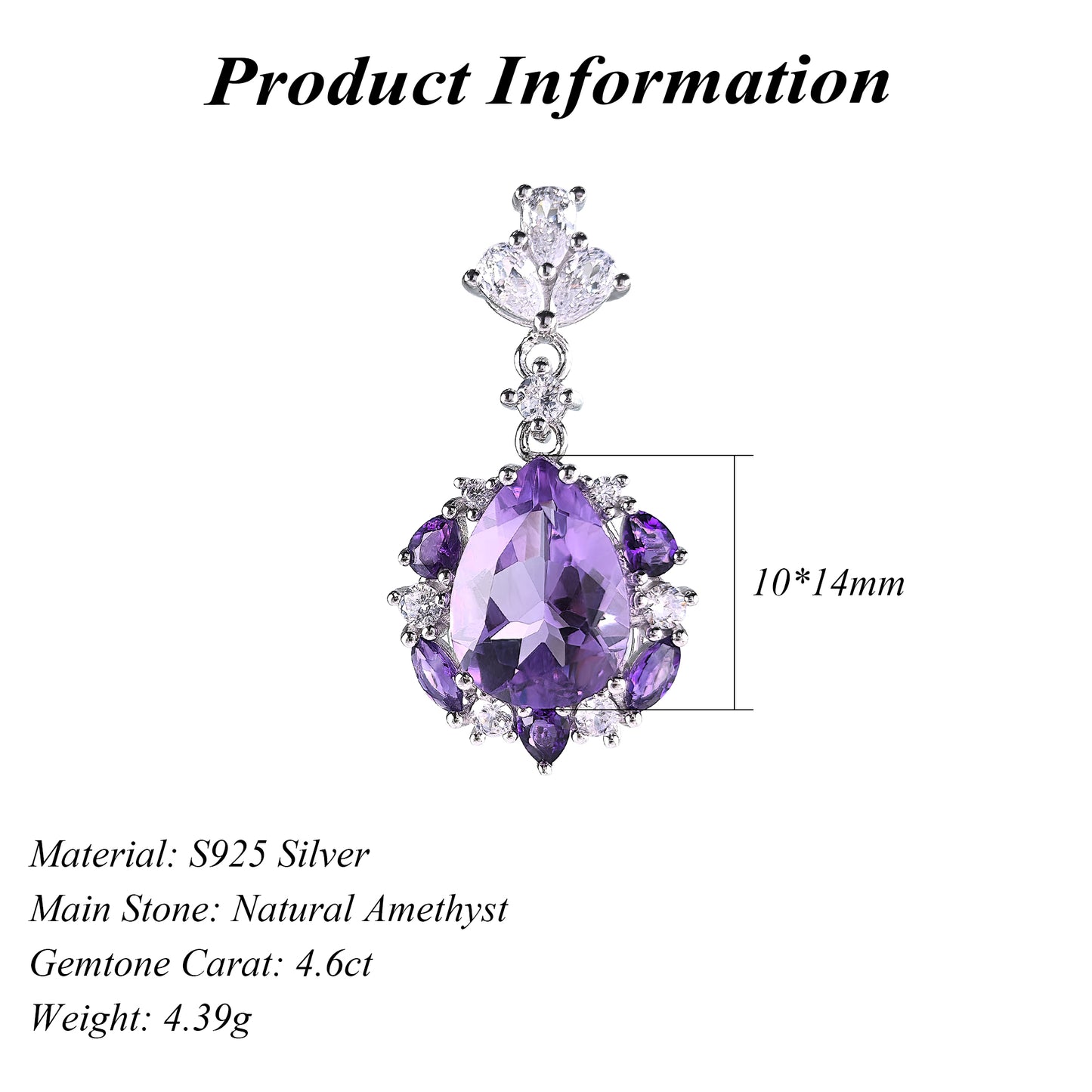 Elegant Rhodium Plated 925 Sterling Silver Pear Cut Natural Amethyst Pendant