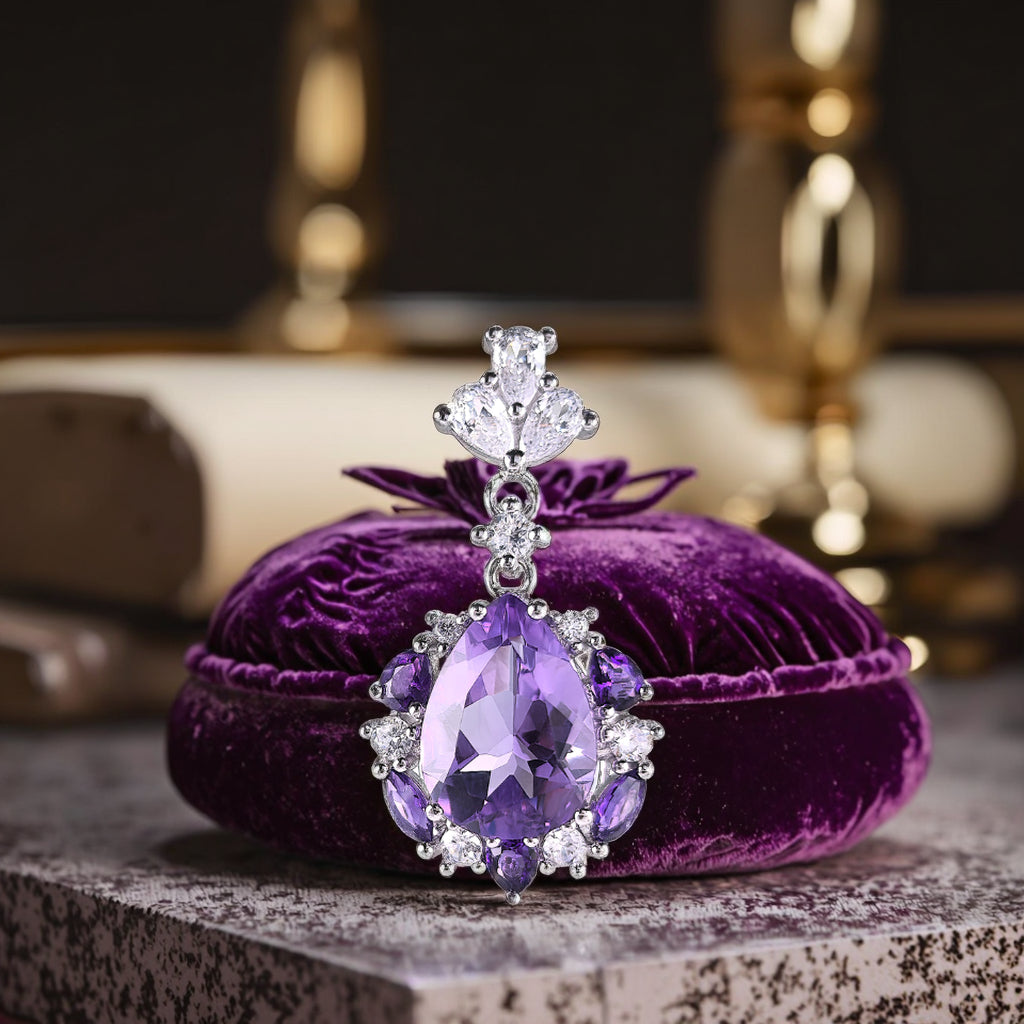 Elegant Rhodium Plated 925 Sterling Silver Pear Cut Natural Amethyst Pendant
