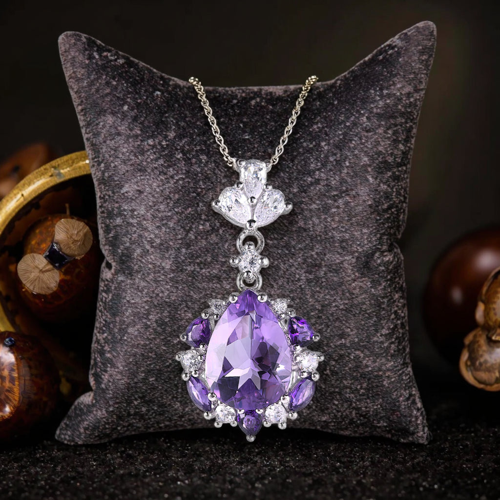 Elegant Rhodium Plated 925 Sterling Silver Pear Cut Natural Amethyst Pendant