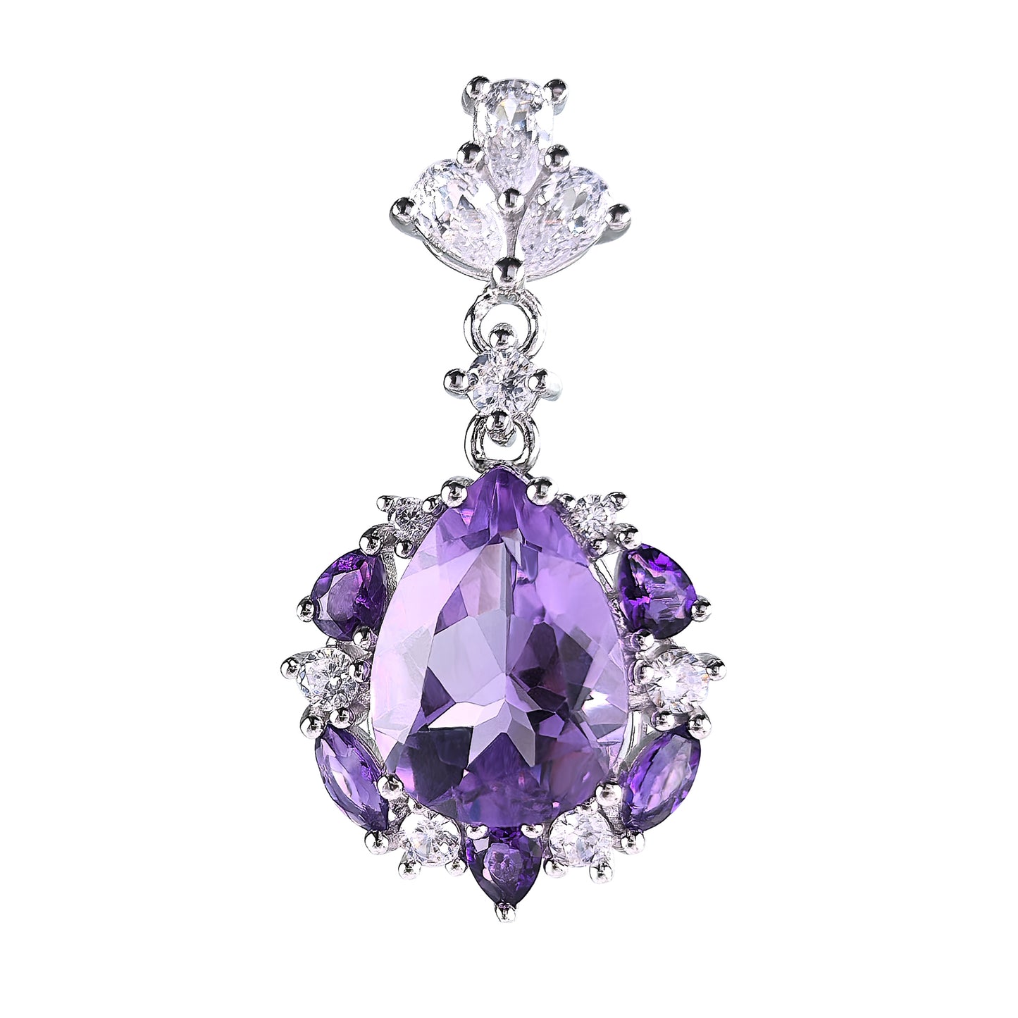 Elegant Rhodium Plated 925 Sterling Silver Pear Cut Natural Amethyst Pendant