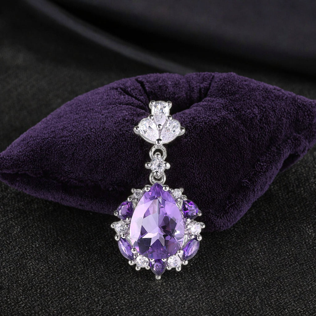 Elegant Rhodium Plated 925 Sterling Silver Pear Cut Natural Amethyst Pendant