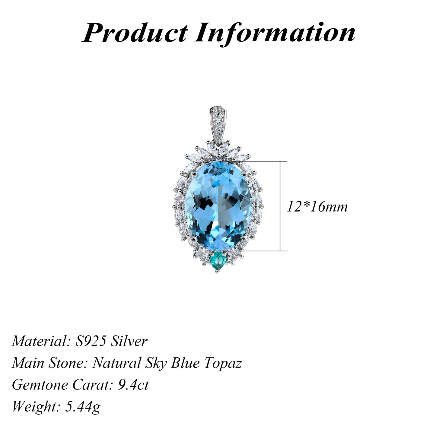 Sparkling Rhodium Plated Silver 925 Jewelry Natural Sky Blue Topaz Pendant