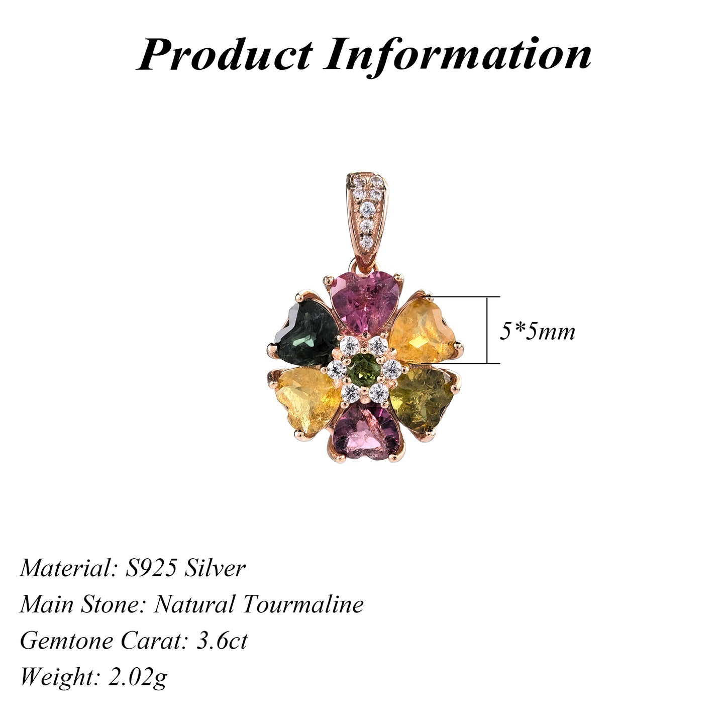 Graceful Rose Gold Plated 925 Sterling Silver Natural Tourmaline Flower Pendant