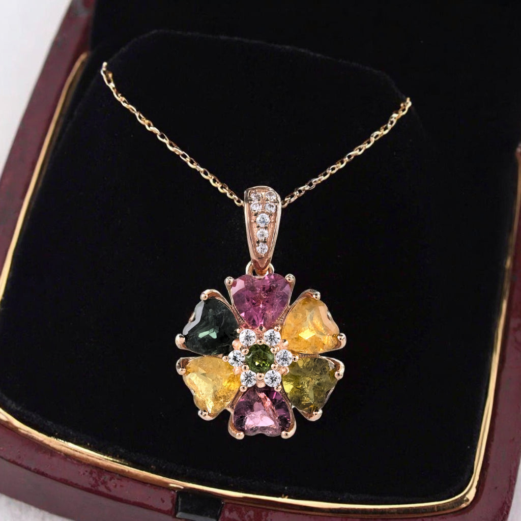 Graceful Rose Gold Plated 925 Sterling Silver Natural Tourmaline Flower Pendant