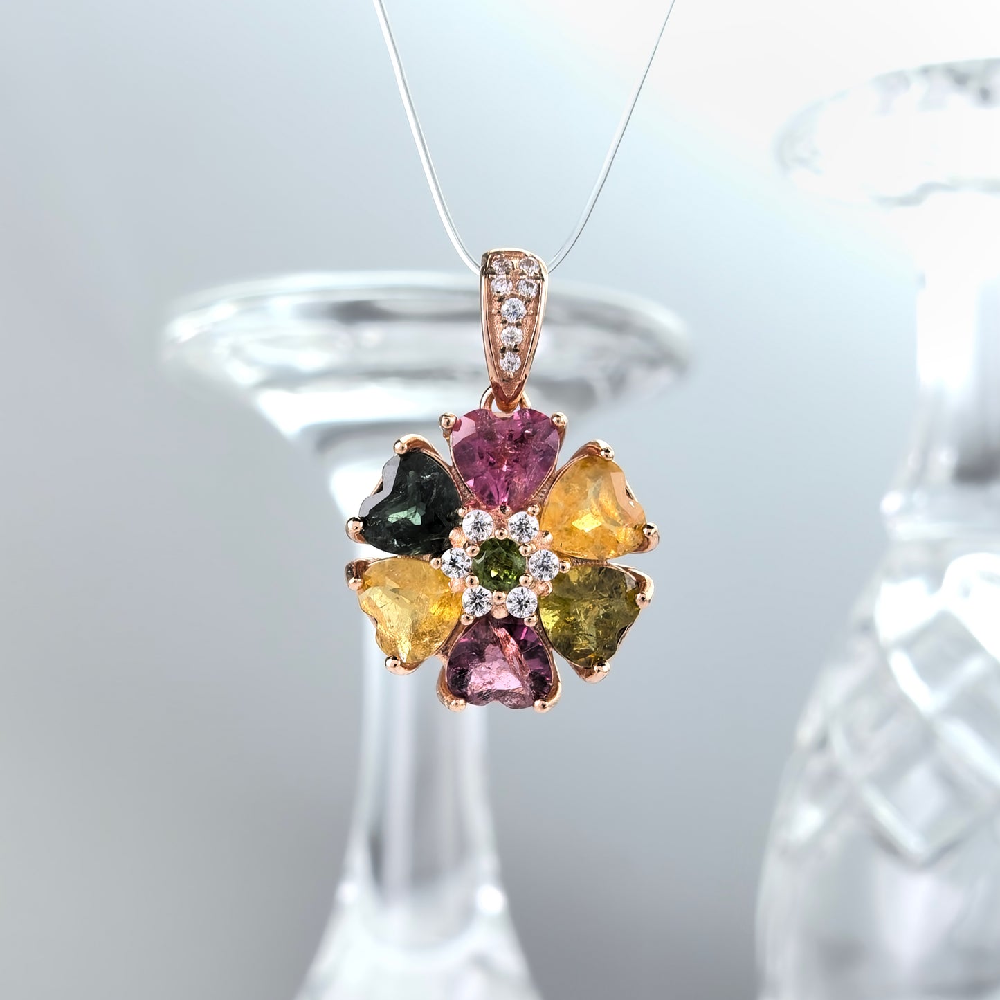 Graceful Rose Gold Plated 925 Sterling Silver Natural Tourmaline Flower Pendant