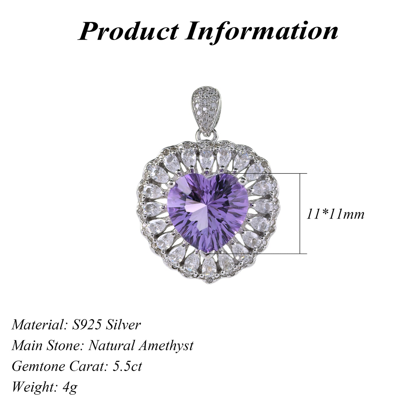 Romantic Rhodium-Plated 925 Sterling Silver Natural Amethyst Heart Pendant