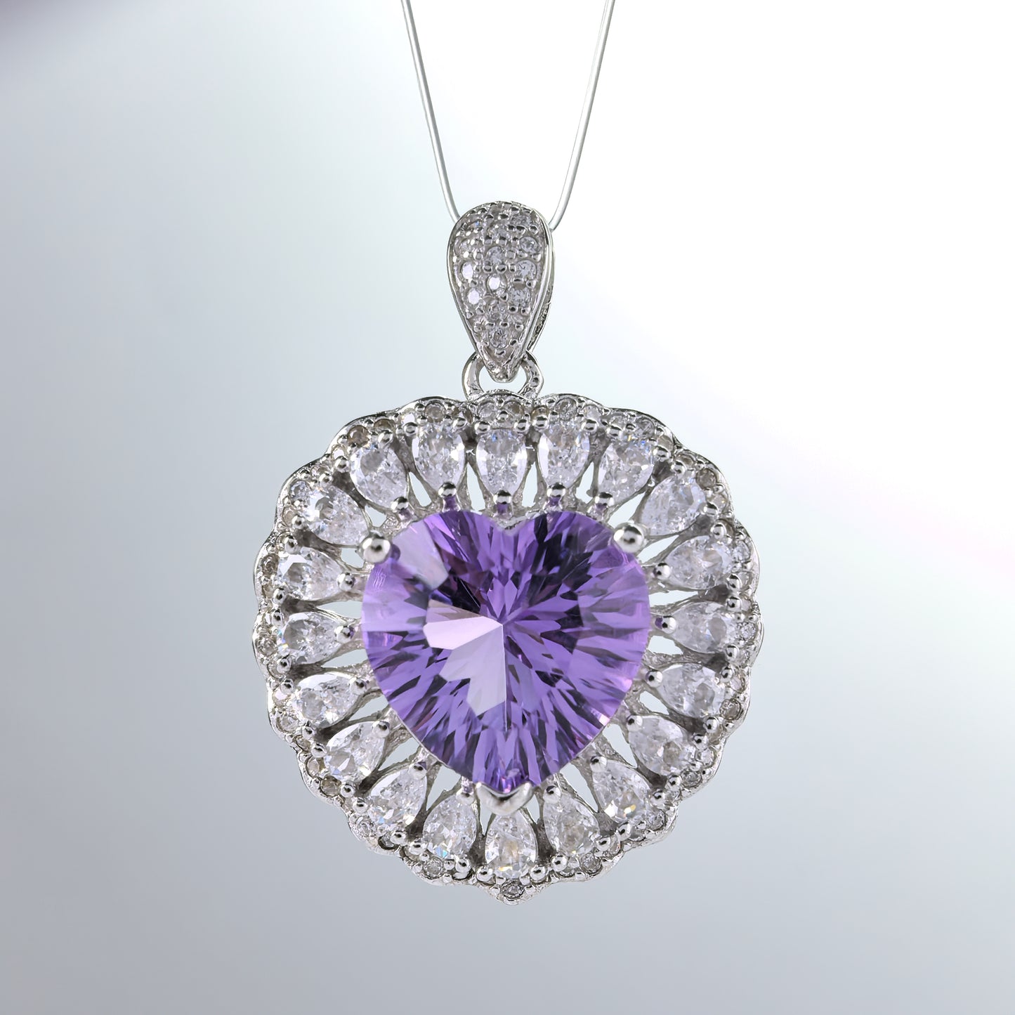 Romantic Rhodium-Plated 925 Sterling Silver Natural Amethyst Heart Pendant