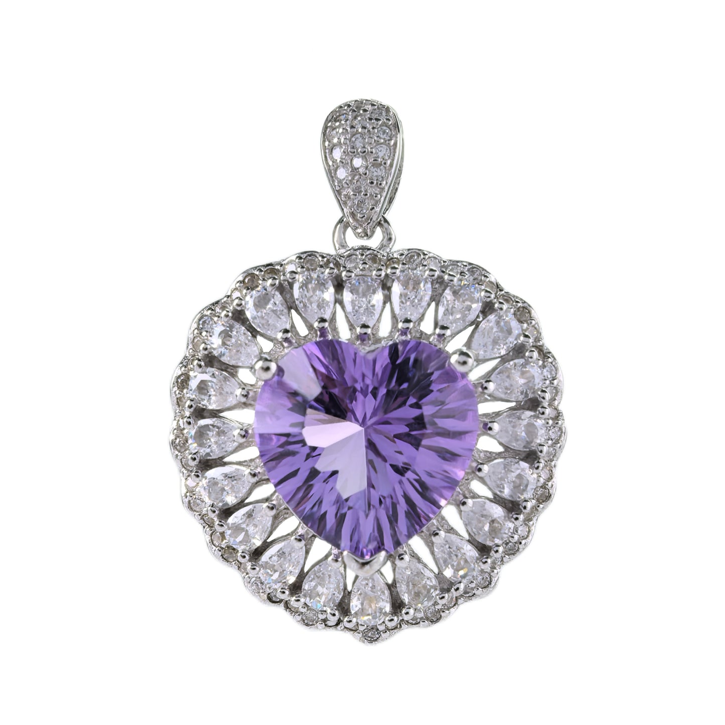 Romantic Rhodium-Plated 925 Sterling Silver Natural Amethyst Heart Pendant