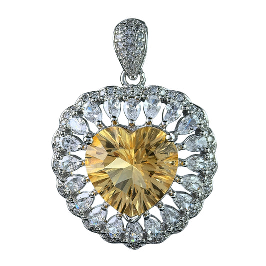 Charming Rhodium Plated 925 Silver Jewelry Natural Citrine Heart Pendant