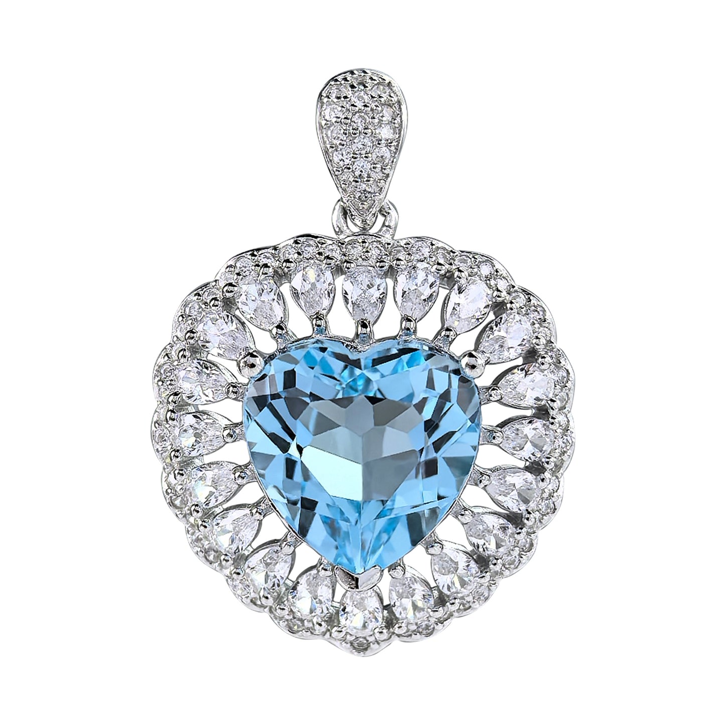 Romantic Rhodium-Plated 925 Sterling Silver Heart Pendant Natural Sky Blue Topaz